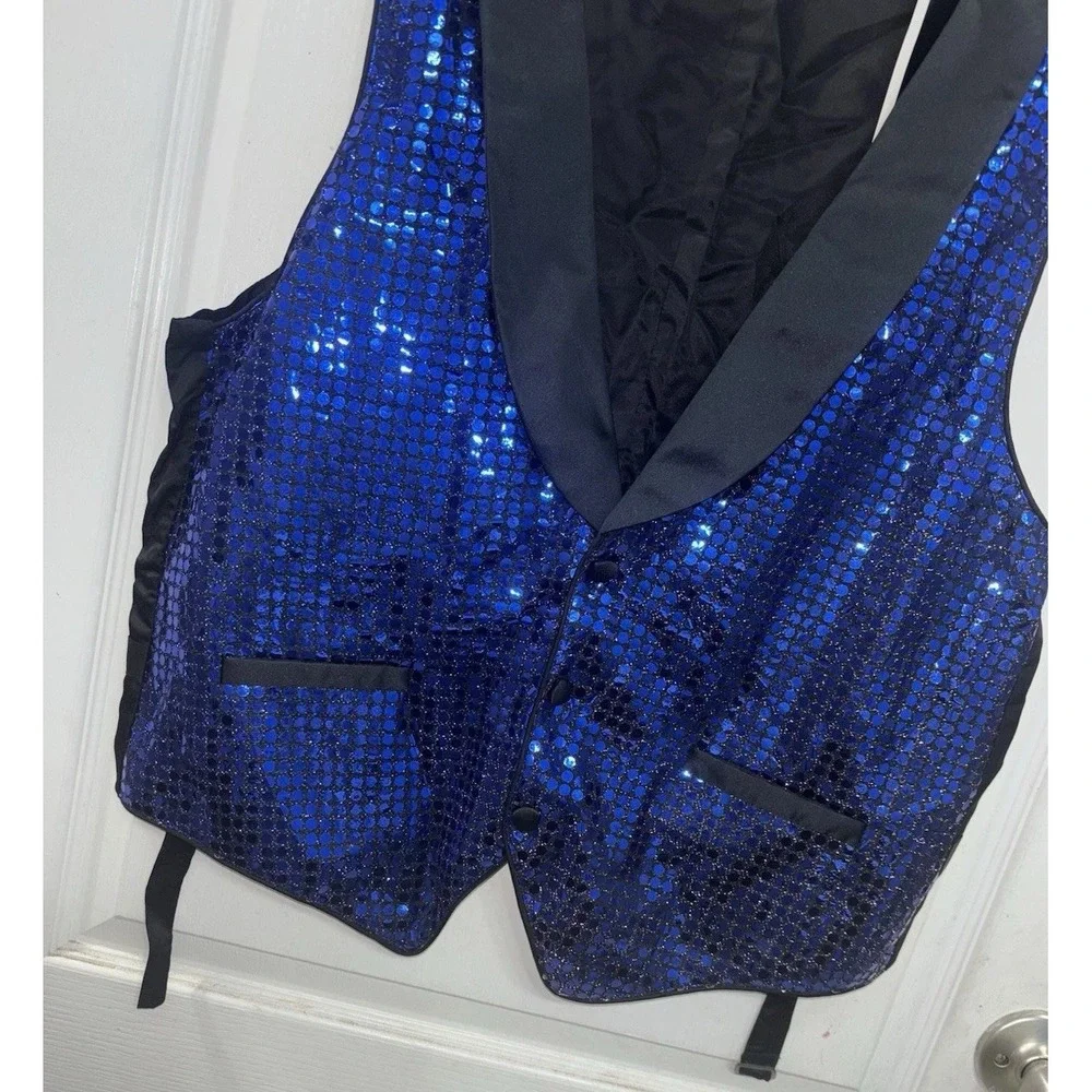 VTG NWT Simco Formalwear 42L Long Royal Blue Sequin Tuxedo Vest Shawl Lapel Prom